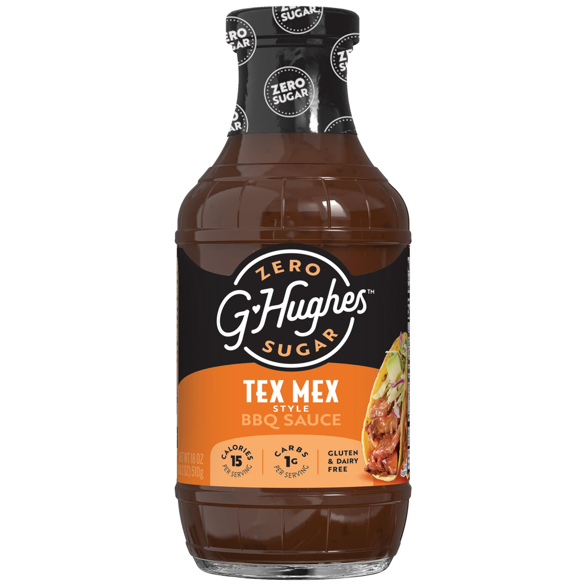 A bottle of G. Hughes Zero Sugar Tex Mex Style BBQ Sauce, featuring an orange label with nutritional information, sits against a plain background, highlighting its gluten-free and low-calorie attributes.