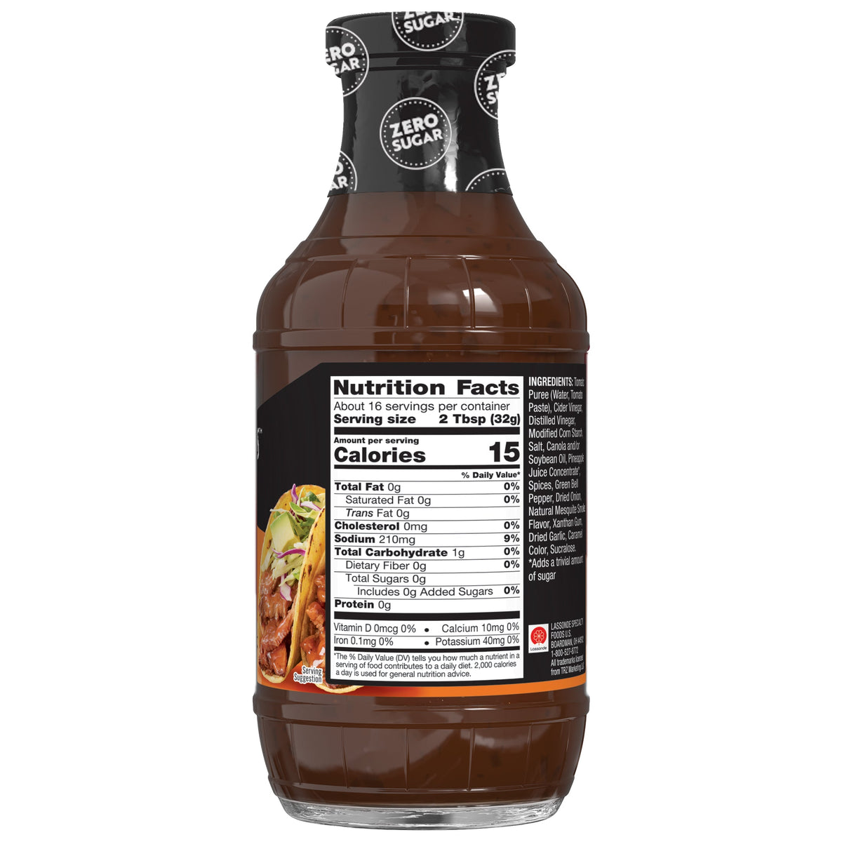 A clear glass bottle of zero sugar barbecue sauce displays nutrition facts and ingredients on its label, highlighting low calories and no added sugars for health-conscious consumers.