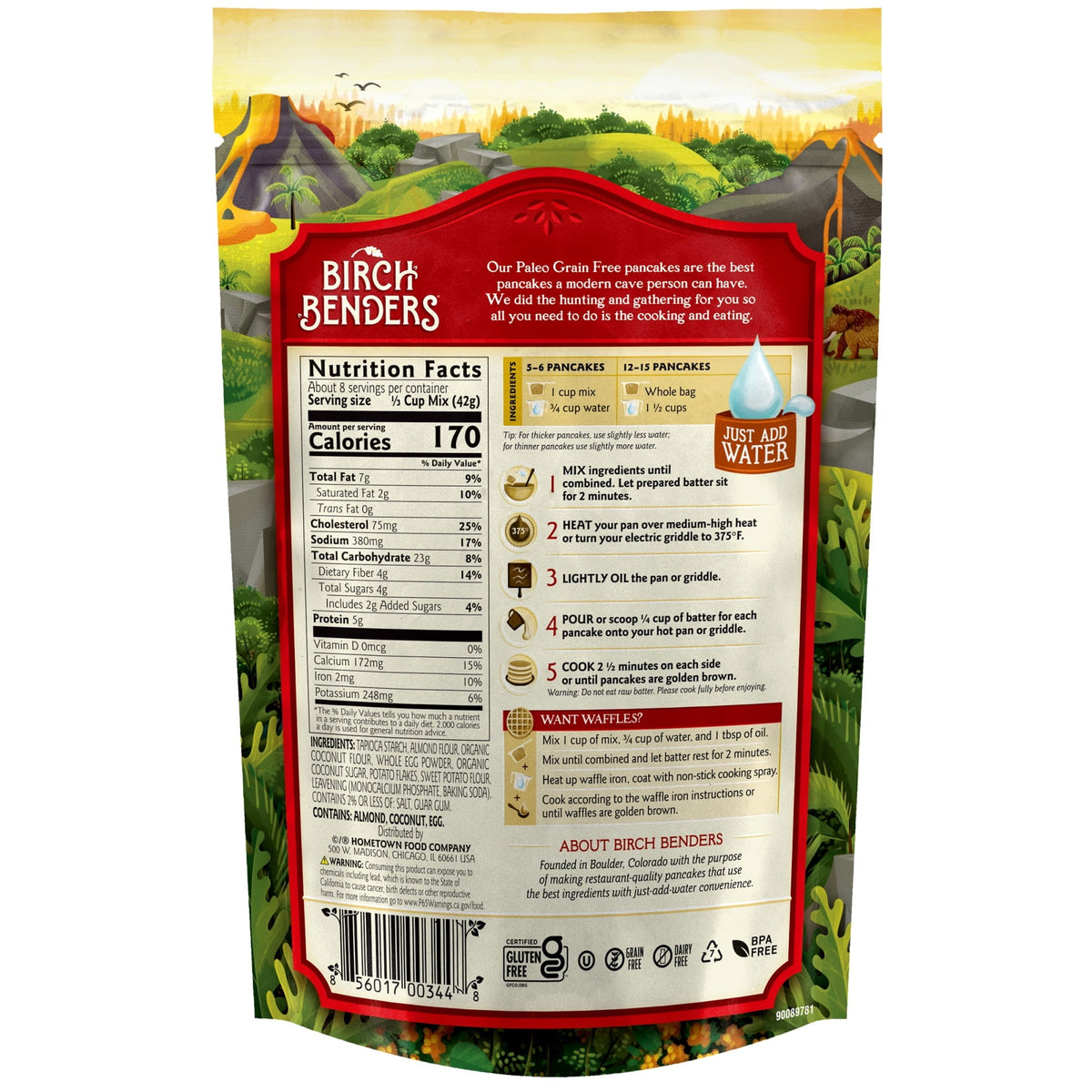 The back of a Birch Benders pancake mix package displays nutrition facts, preparation instructions, and a colorful landscape design, emphasizing that it is a gluten-free, paleo-friendly product.