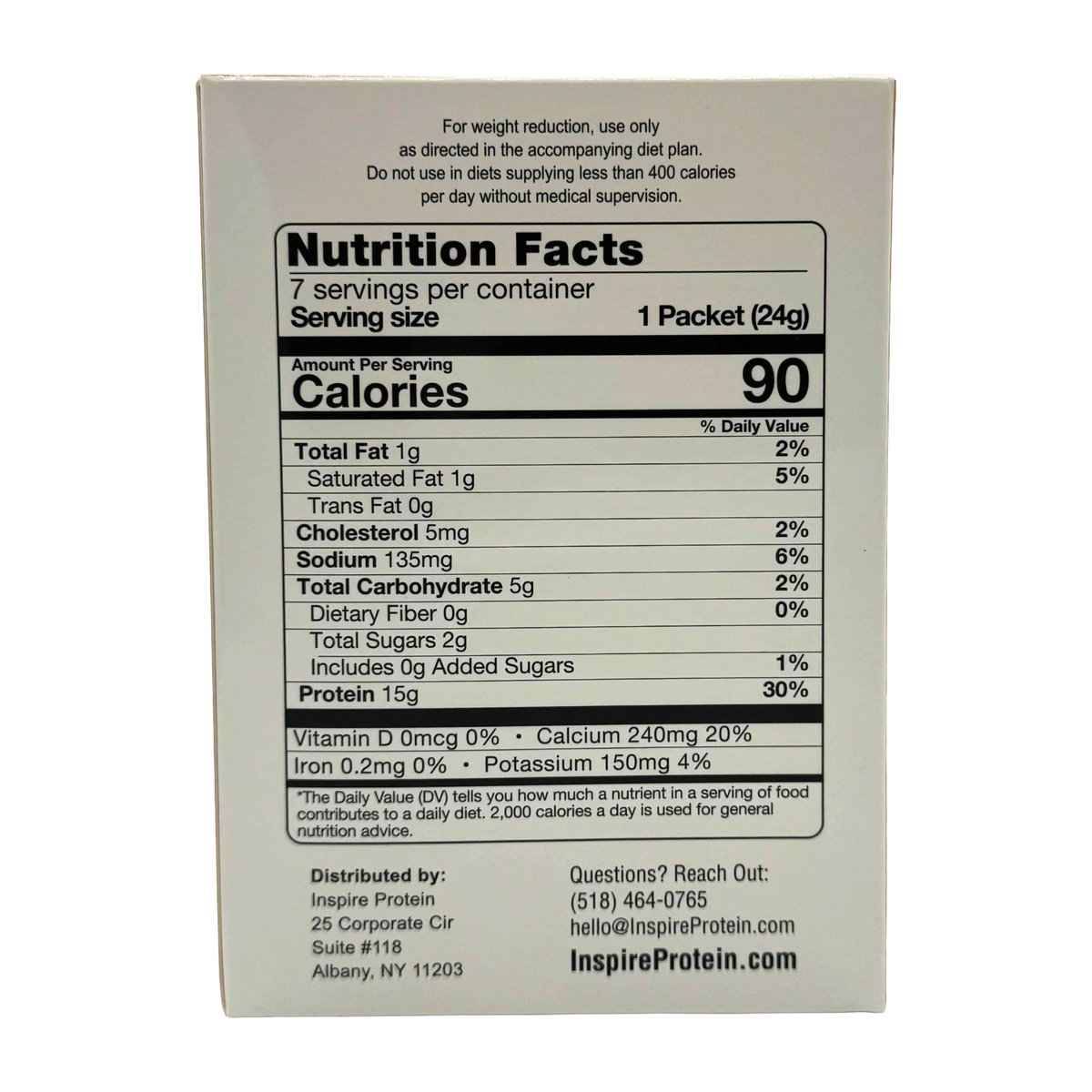 A nutrition facts label displays serving size, calories, and nutrient information for a protein product, emphasizing its low fat and high protein content, with contact details for the distributor.