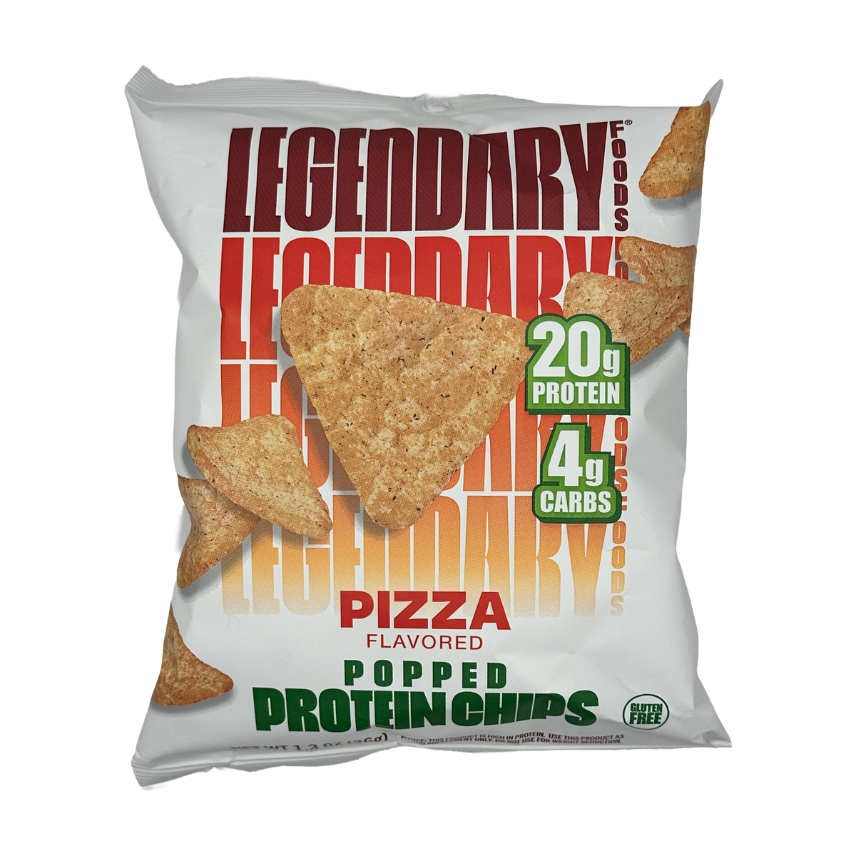 Front package of Legendary Foods Popped Protein Chips, Pizza / One Bag