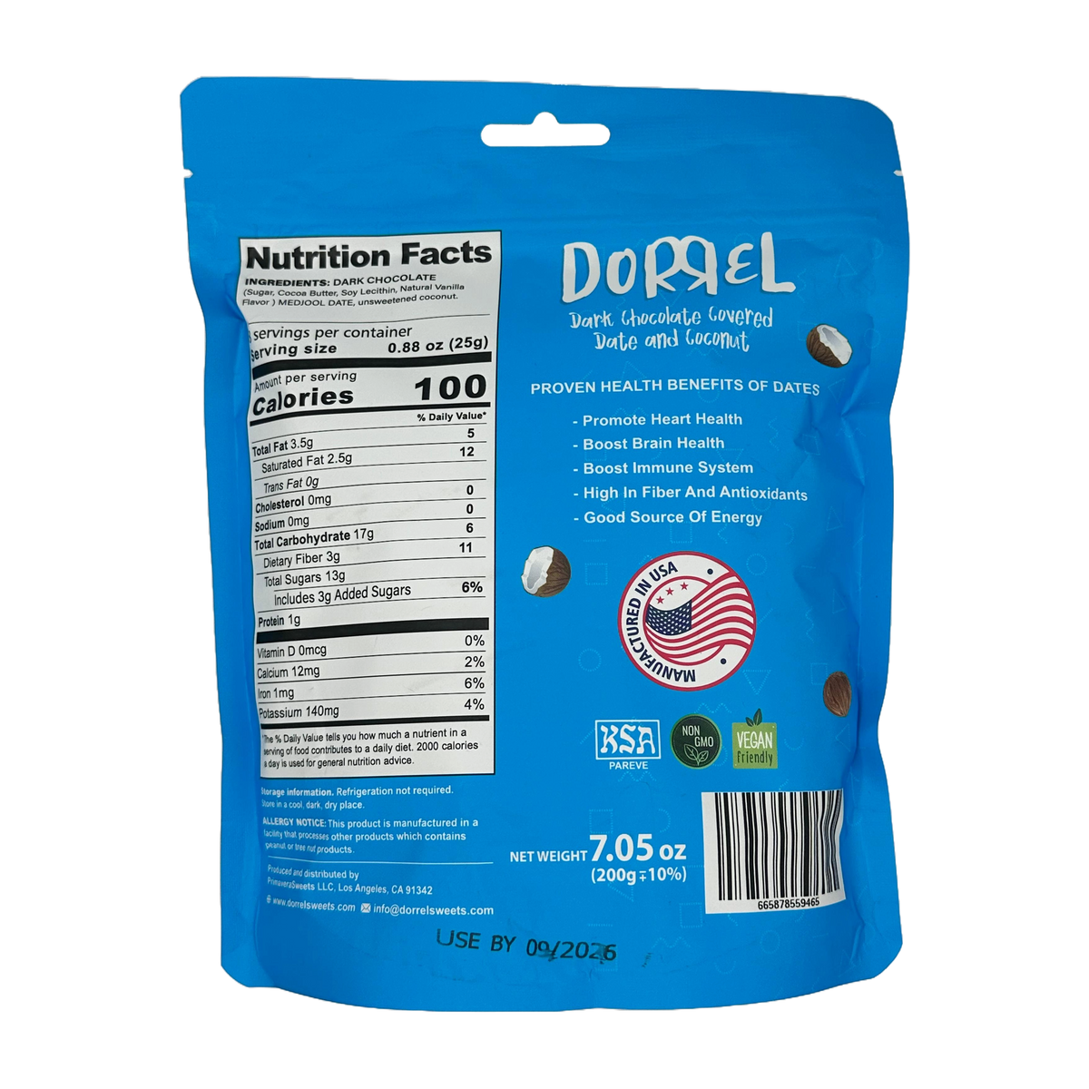 Dorrel Sweets Chocolate Covered Snacks - Chocolate Date Coconut, 7.05 oz