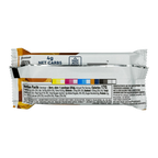 A nutrition bar package displays the back label with detailed nutritional information, including calories, net carbs, and ingredients, against a black background.