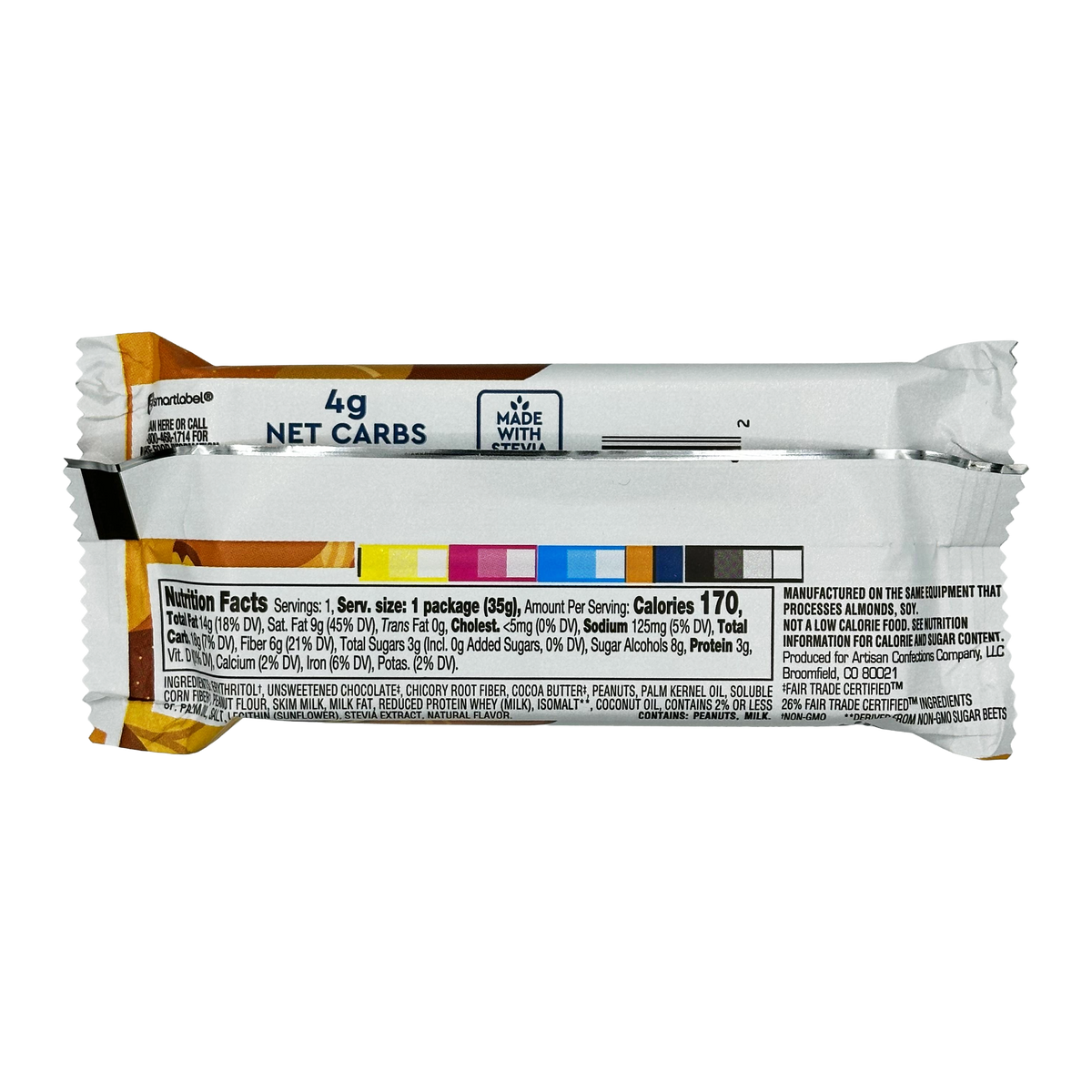 A nutrition bar package displays the back label with detailed nutritional information, including calories, net carbs, and ingredients, against a black background.