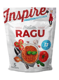 Italian Ragu from Inspire Protein Kitchen, featuring 5 packets, contains 13g of protein per serving, with a rich tomato sauce garnished with basil, garlic, and fresh tomatoes on the packaging.