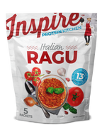 Italian Ragu from Inspire Protein Kitchen, featuring 5 packets, contains 13g of protein per serving, with a rich tomato sauce garnished with basil, garlic, and fresh tomatoes on the packaging.