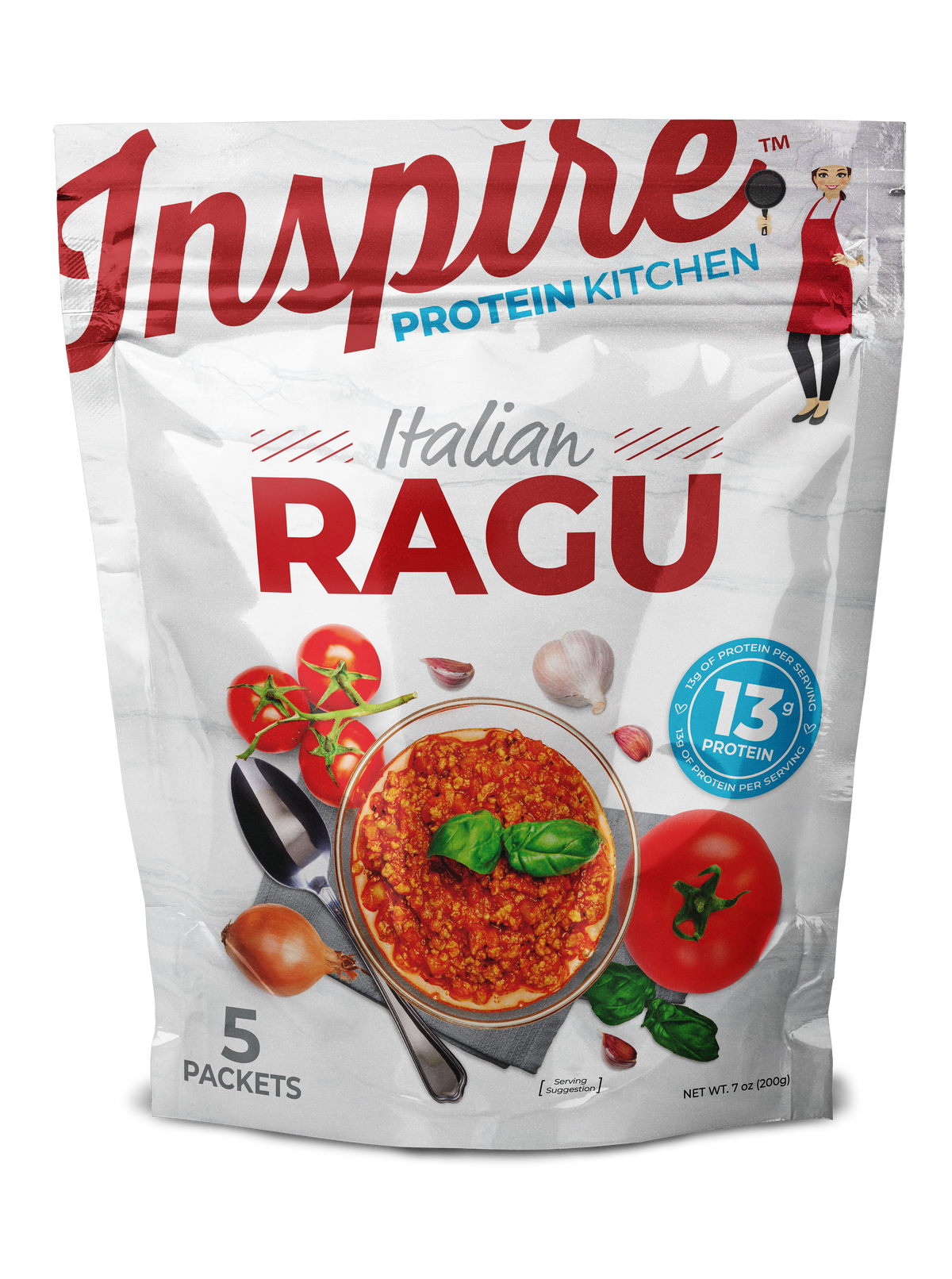 Italian Ragu from Inspire Protein Kitchen, featuring 5 packets, contains 13g of protein per serving, with a rich tomato sauce garnished with basil, garlic, and fresh tomatoes on the packaging.