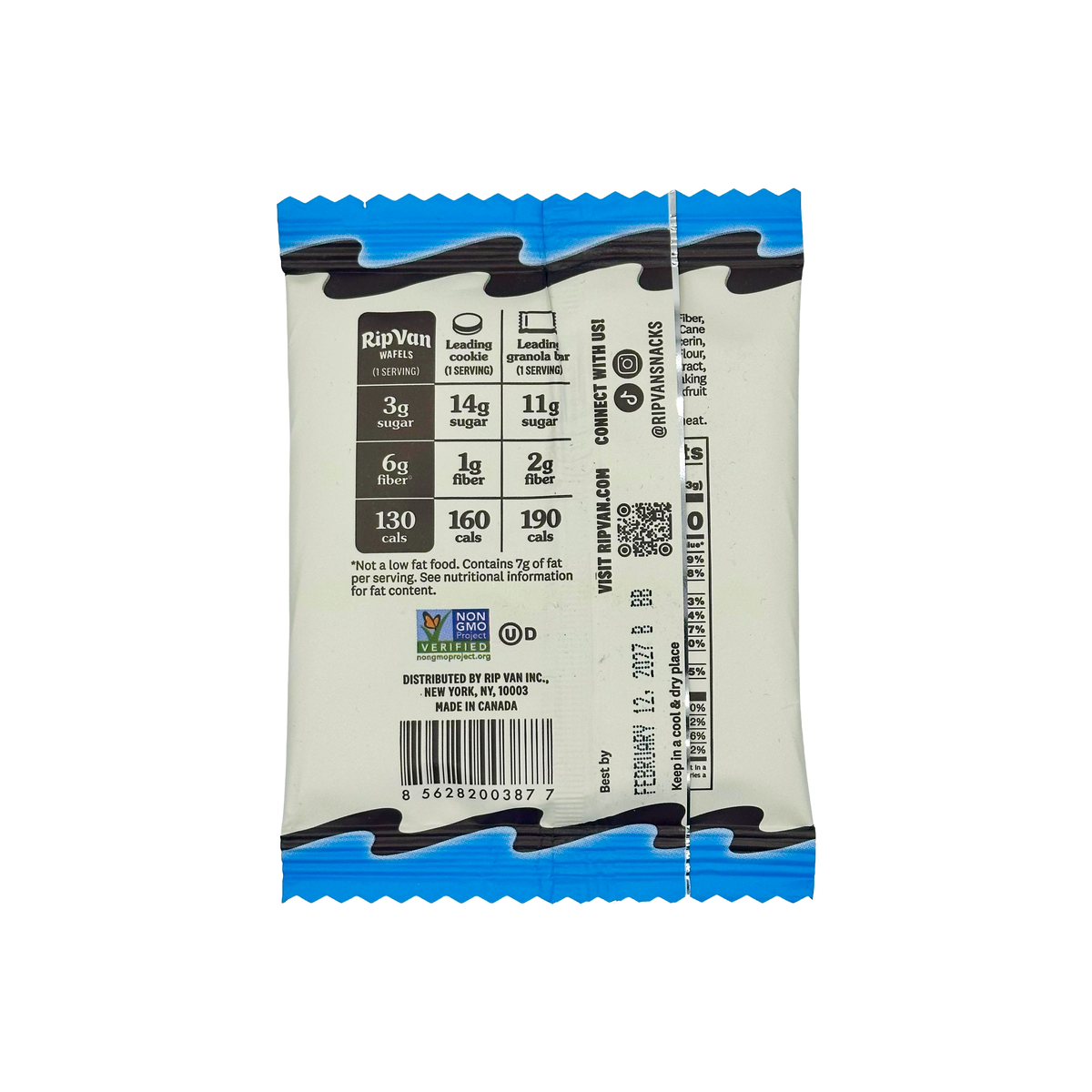 A package of RipVan waffles displays nutritional information, including calories and sugar content, with a blue and white design and a non-GMO label, set against a plain background.