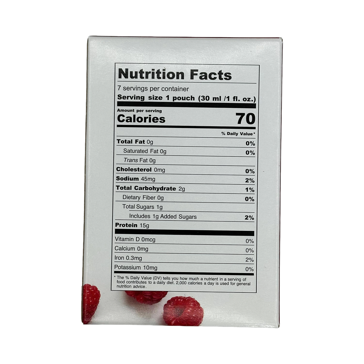 A nutrition facts label displays detailed information about a food product, including calories, serving size, and nutrient contents, with raspberries visible at the bottom.