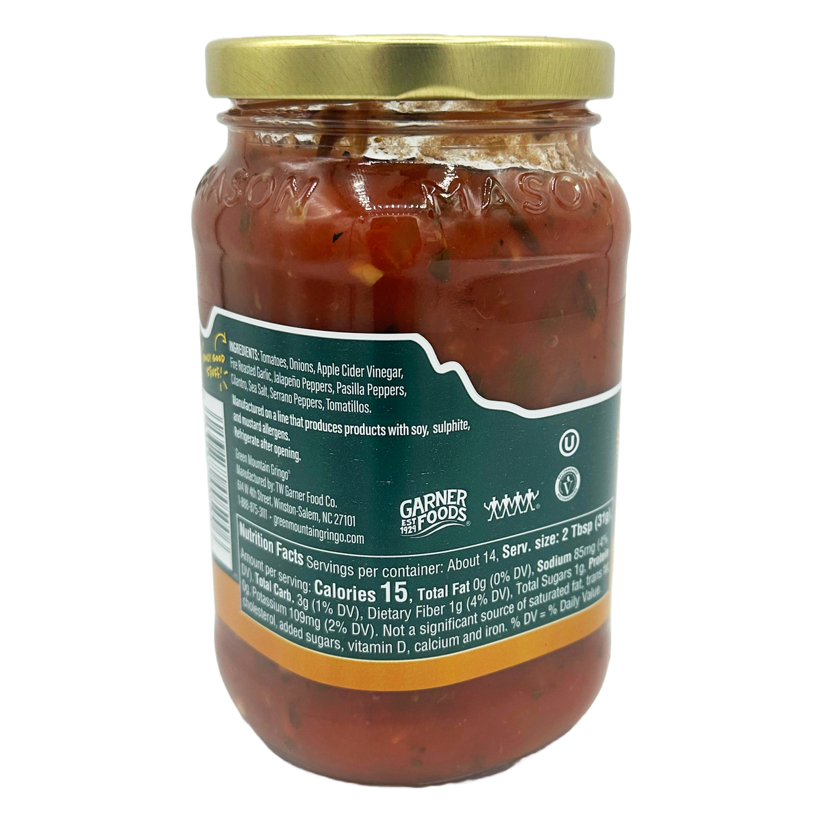 A clear glass jar filled with a chunky red salsa, featuring a gold lid, displays ingredient details and nutrition facts on the back label, emphasizing its fresh vegetable contents.