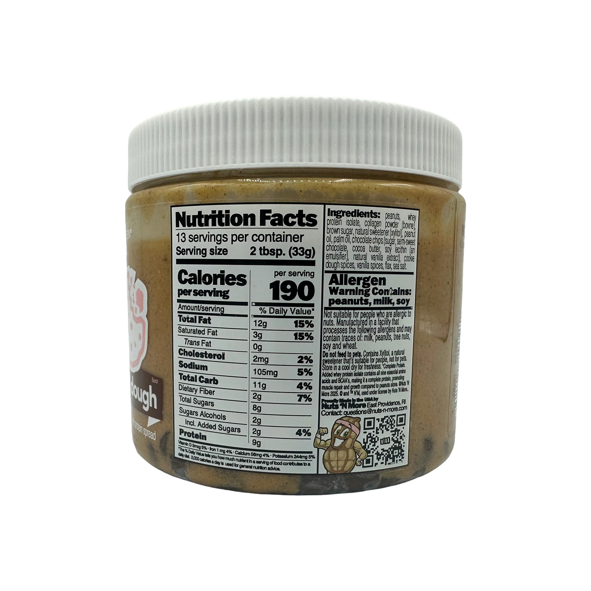 A clear jar of edible cookie dough spread displays the nutrition facts label, including serving size, calories, and allergen warnings for peanuts, milk, and soy.