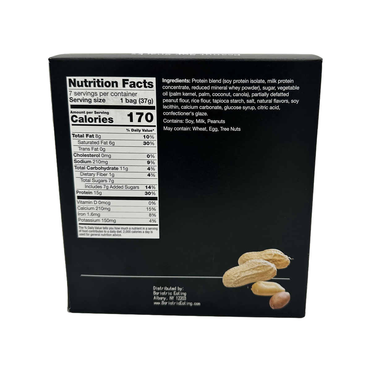 Nutrition facts label for a protein snack, featuring 170 calories per serving, 15g protein, and ingredients like soy and peanuts; includes allergen warnings for soy, milk, and peanuts.