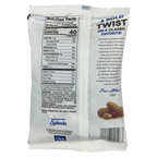 The back of a snack package displays nutrition facts and ingredients for a peanut butter candy, highlighting its low-calorie content and use of Splenda as a sweetener, with a promotional message at the top.