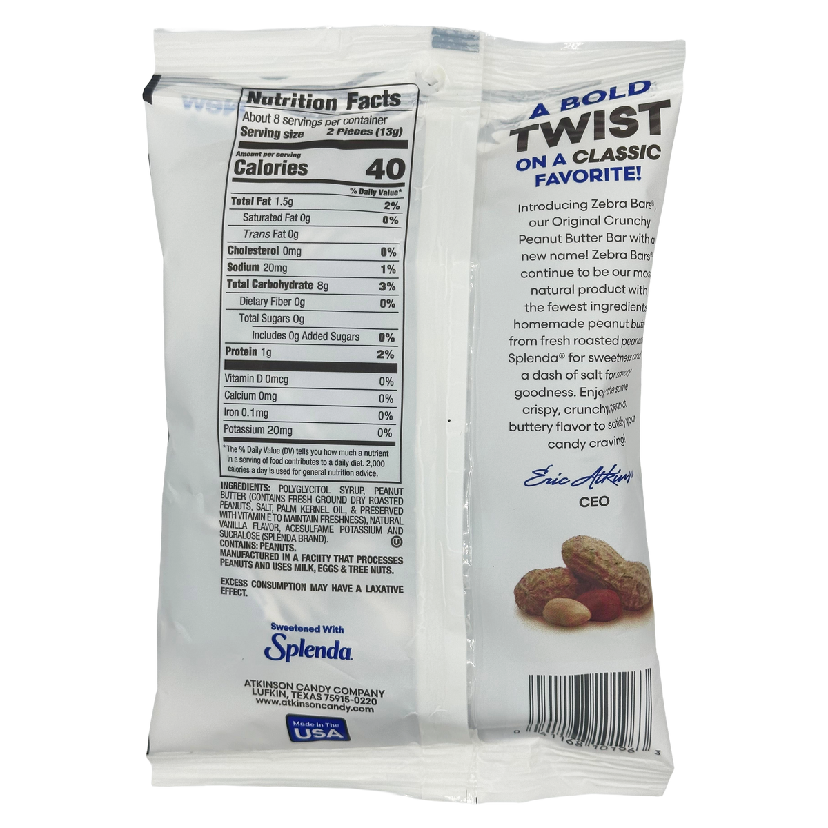 The back of a snack package displays nutrition facts and ingredients for a peanut butter candy, highlighting its low-calorie content and use of Splenda as a sweetener, with a promotional message at the top.