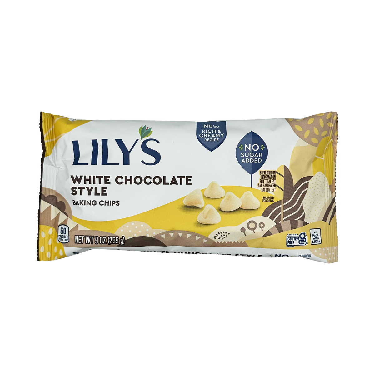 A package of Lily's White Chocolate Style Baking Chips, featuring a colorful design, highlights "No Sugar Added" and "Gluten Free" labels, with several white chocolate chips depicted on the front.
