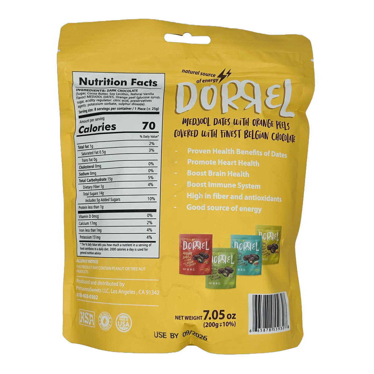 Dorrel Sweets Chocolate Covered Snacks - Chocolate Date Orange Peel, 7.05 oz