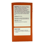 A product box with an orange background displays ingredient information, allergy warnings, shelf life, and preparation directions for a food item, emphasizing its contents of milk and soy.