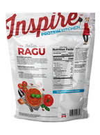 Italian Ragu from Inspire Protein Kitchen in a 40g packet, featuring textured soy protein, with 140 calories per serving, and includes preparation instructions and nutritional information on the back.