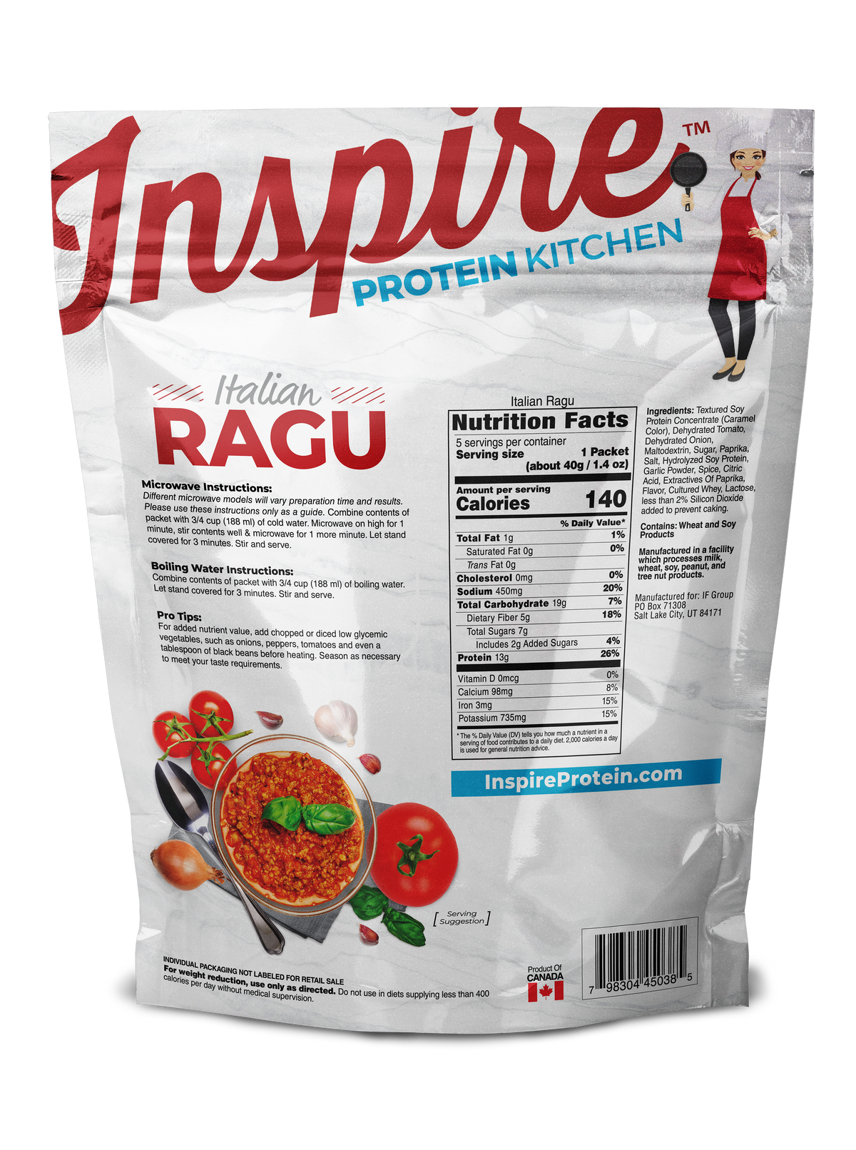 Italian Ragu from Inspire Protein Kitchen in a 40g packet, featuring textured soy protein, with 140 calories per serving, and includes preparation instructions and nutritional information on the back.