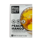 A box of ProtiDIET Peach Mango concentrated drink mix, featuring a glass of the drink, with details about protein, calories, and sugar content prominently displayed on the packaging.