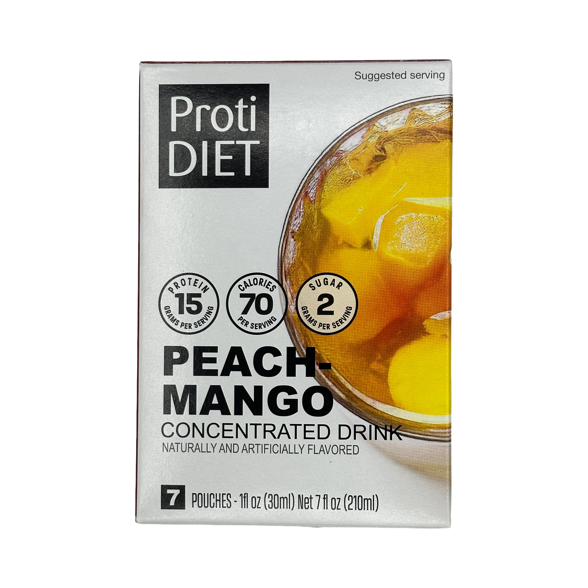 A box of ProtiDIET Peach Mango concentrated drink mix, featuring a glass of the drink, with details about protein, calories, and sugar content prominently displayed on the packaging.