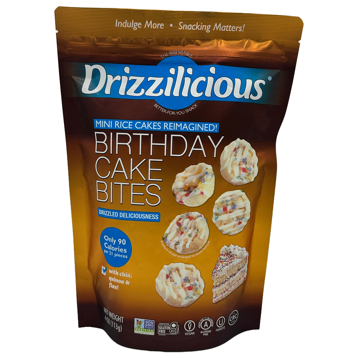 Front package of Drizzilicious Bites - Mini Rice Cakes, Birthday Cake / 4oz