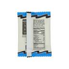 A nutrition label on a packaged snack, featuring details about ingredients, calories, and nutritional values, with a blue and black design at the top and a white background.