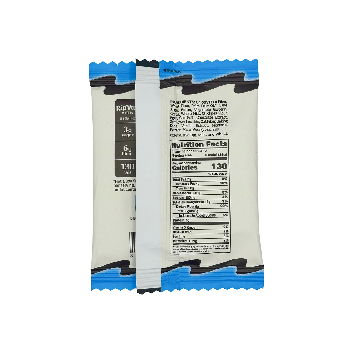 A nutrition label on a packaged snack, featuring details about ingredients, calories, and nutritional values, with a blue and black design at the top and a white background.