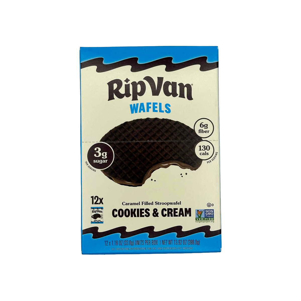 A box of RipVan Cookies & Cream Wafels featuring a caramel-filled stroopwafel, displaying nutritional information including 3g sugar, 6g fiber, and 130 calories per serving.
