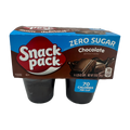 A pack of four chocolate-flavored Snack Pack pudding cups, labeled "Zero Sugar," with a total weight of 13 ounces, highlighting 70 calories per cup.