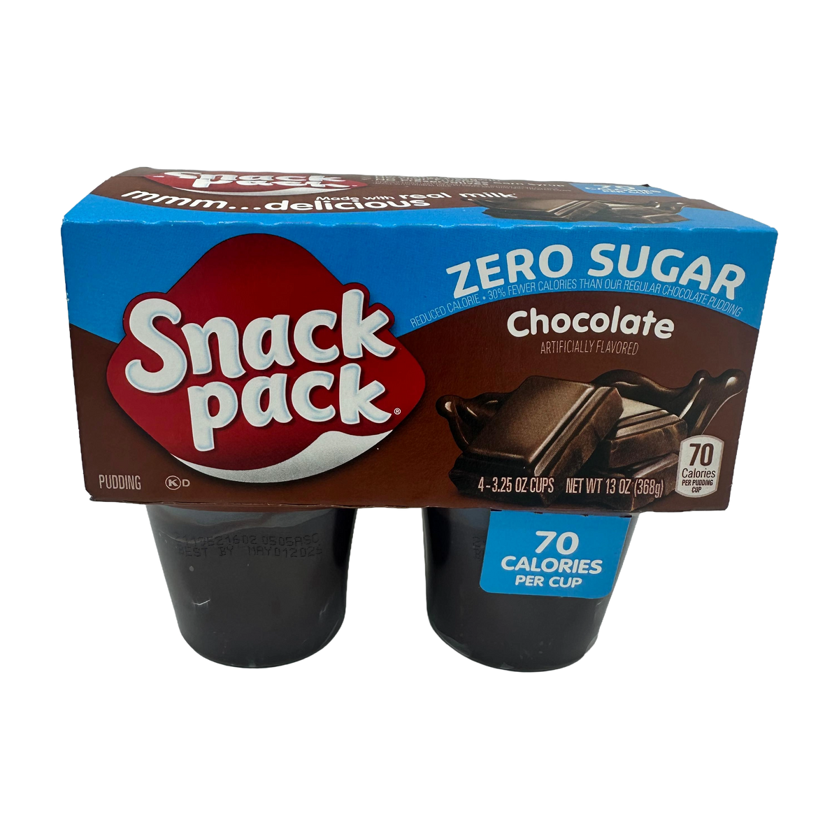 A pack of four chocolate-flavored Snack Pack pudding cups, labeled "Zero Sugar," with a total weight of 13 ounces, highlighting 70 calories per cup.