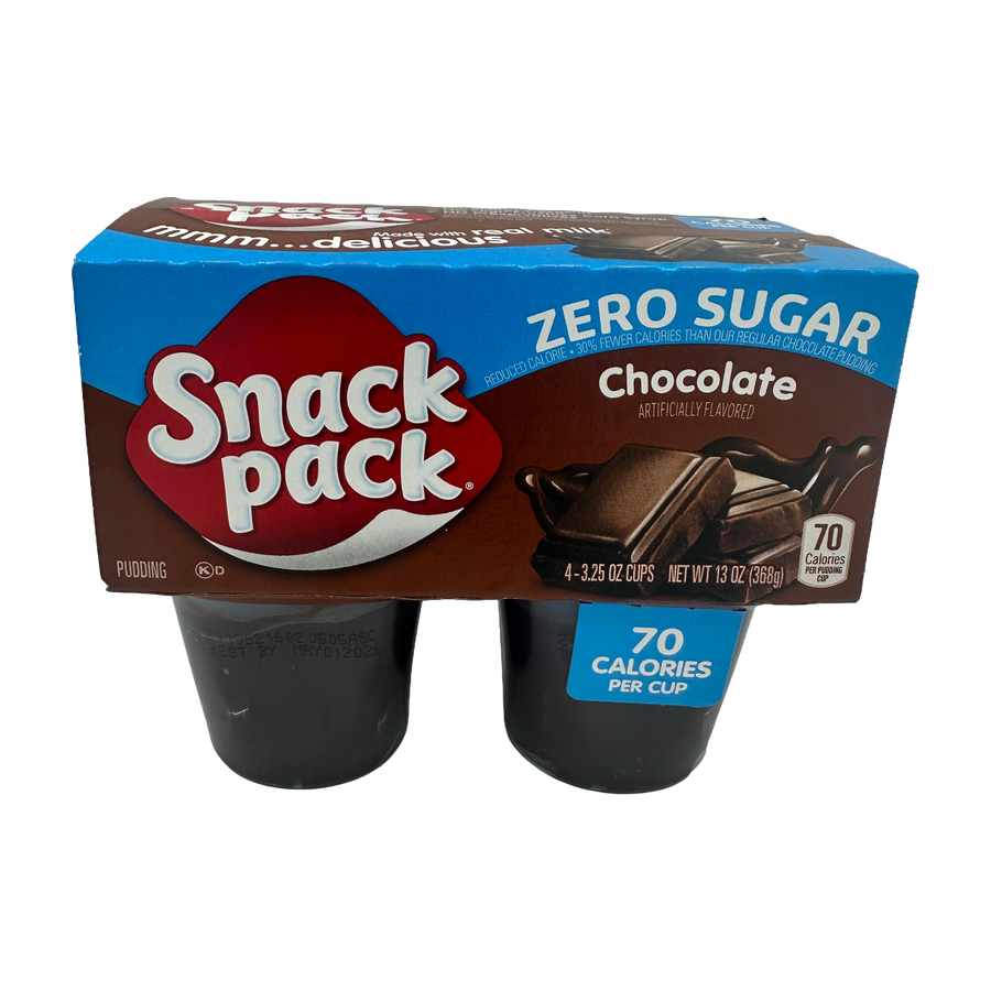 A pack of four chocolate-flavored Snack Pack pudding cups, labeled "Zero Sugar," with a total weight of 13 ounces, highlighting 70 calories per cup.
