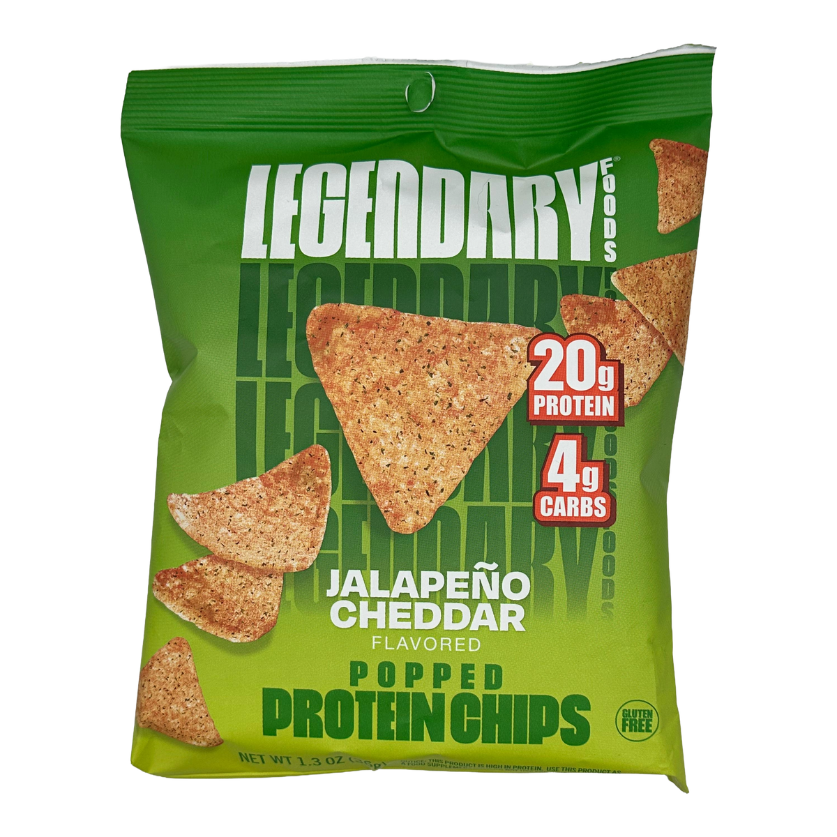 Front package of Legendary Foods Popped Protein Chips, Jalapeno Cheddar / One Bag