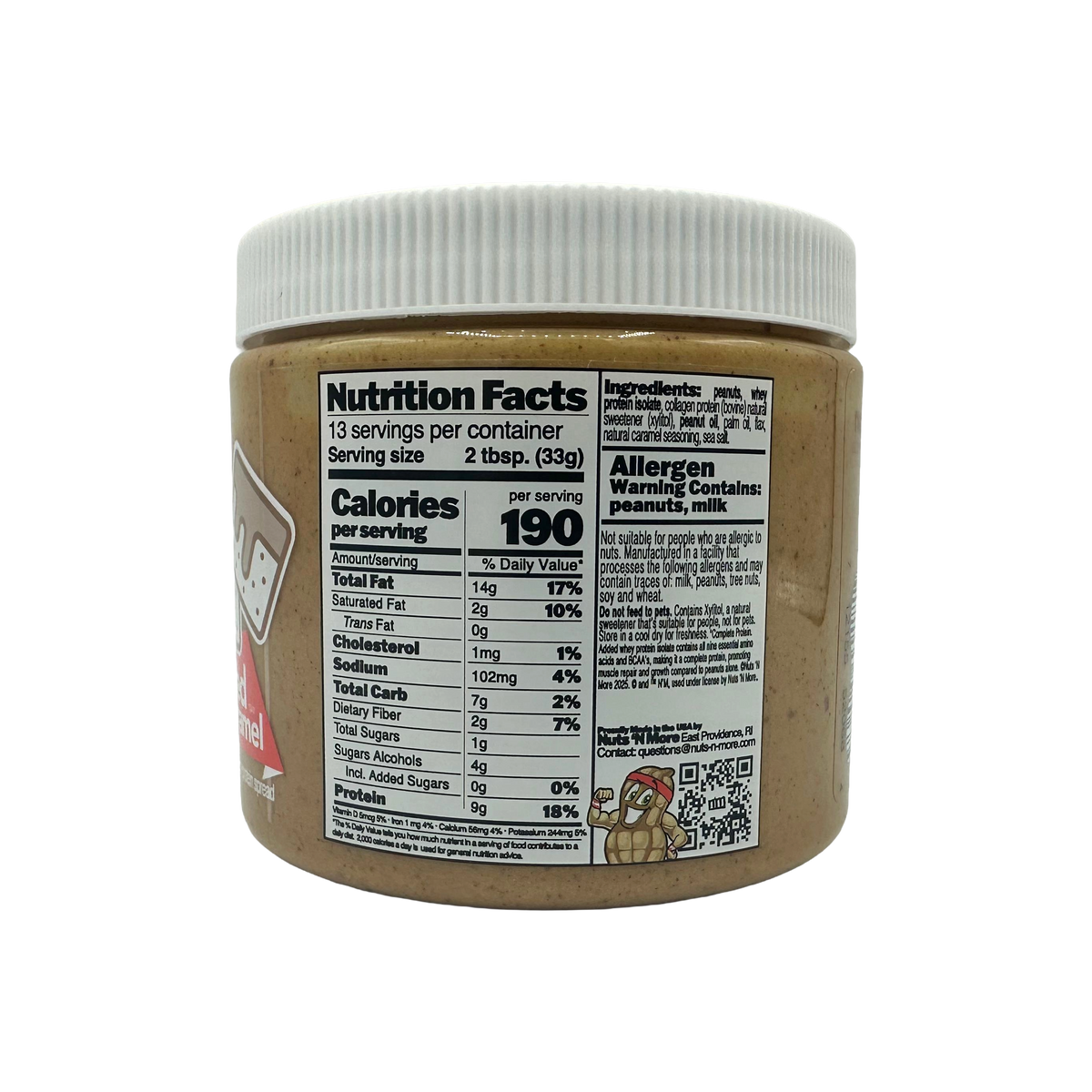 A jar of peanut butter with a white lid displays nutrition facts and ingredient information, highlighting allergens and serving size on a black background.