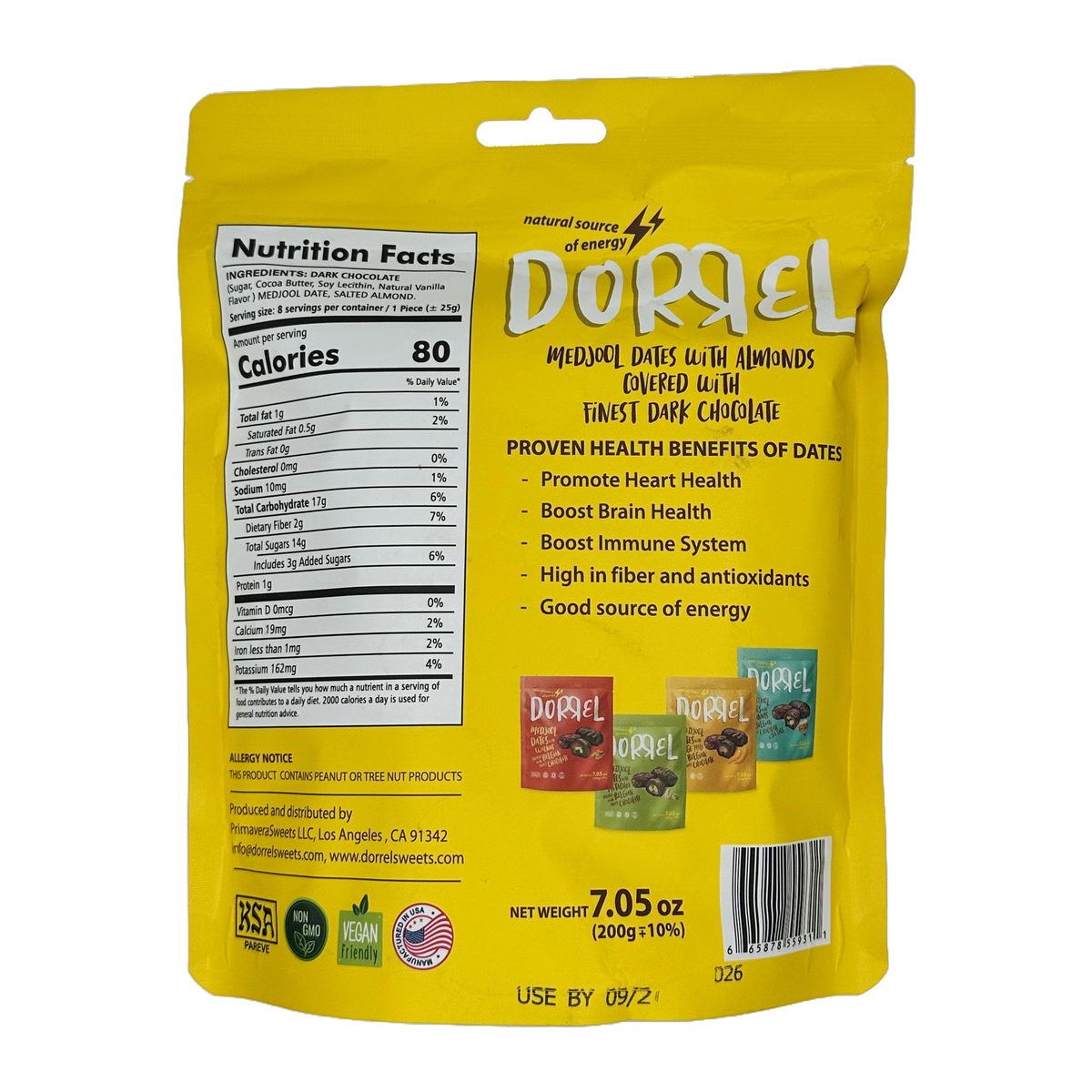 Dorrel Sweets Chocolate Covered Snacks - Chocolate Date Almond, 7.05 oz