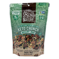 A resealable bag of Second Nature Keto Crunch Smart Mix, featuring a blend of roasted almonds, pecans, walnuts, and pepitas, with labels highlighting low net carbs and no added sugar.