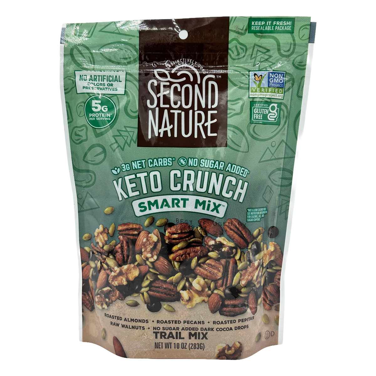 A resealable bag of Second Nature Keto Crunch Smart Mix, featuring a blend of roasted almonds, pecans, walnuts, and pepitas, with labels highlighting low net carbs and no added sugar.