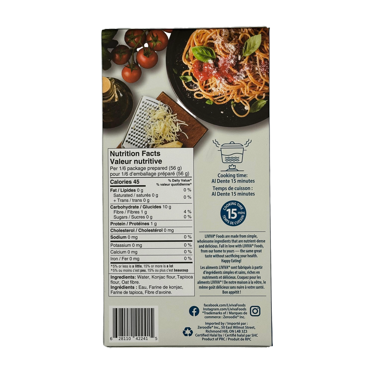 A nutrition facts label on a food package displays cooking instructions and nutritional information, alongside a plate of spaghetti topped with cheese and basil, and fresh tomatoes in the background.