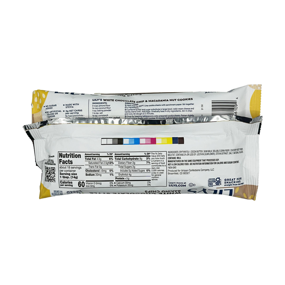 A package of Lily's White Chocolate Chip and Macadamia Nut Cookies displays the nutrition facts and ingredients on the back, featuring a colorful barcode and a yellow and white design.