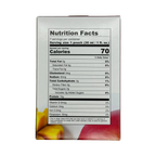 A nutrition facts label displays detailed information about a product, including calories, fats, carbohydrates, sugars, and protein, with colorful fruit images at the bottom.