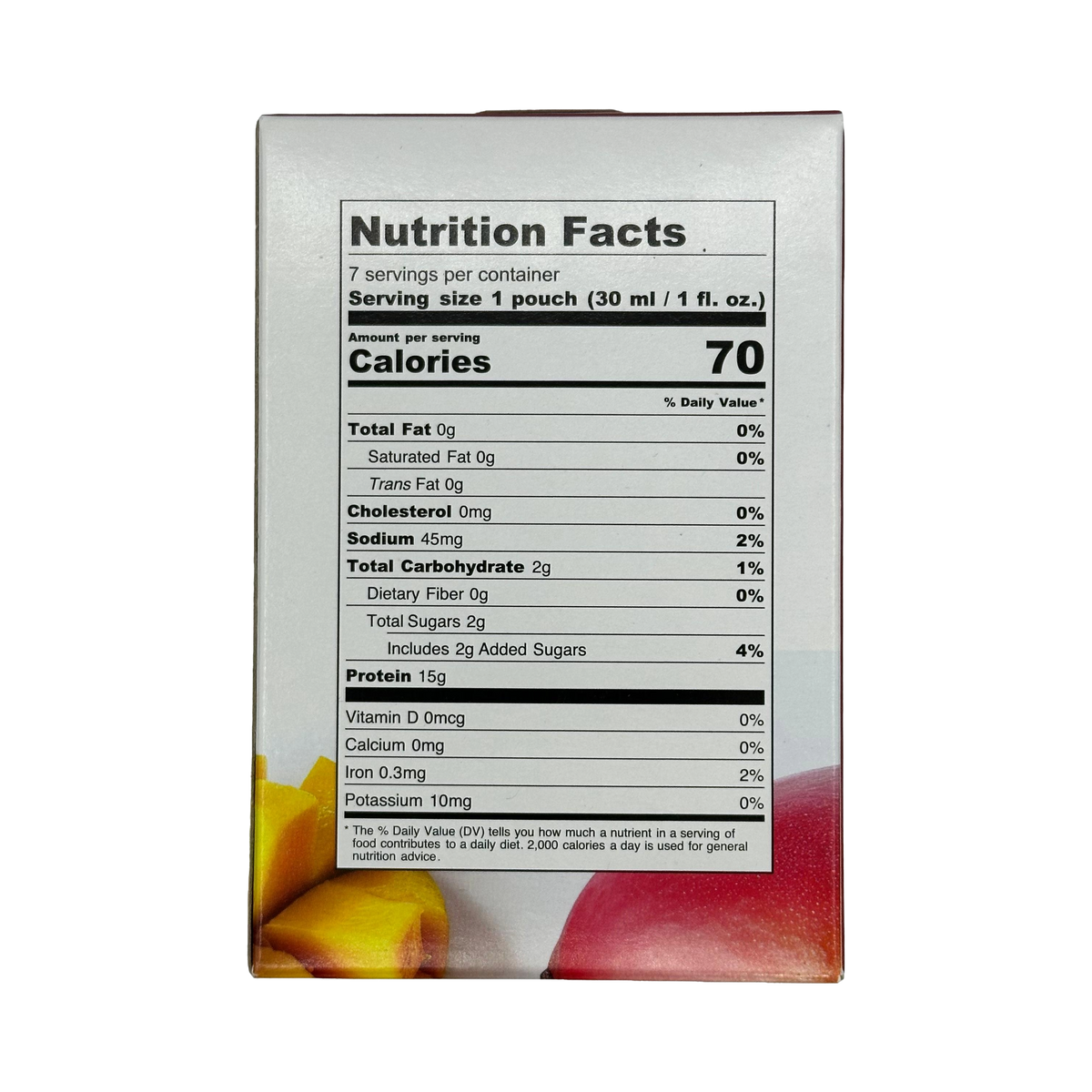 A nutrition facts label displays detailed information about a product, including calories, fats, carbohydrates, sugars, and protein, with colorful fruit images at the bottom.