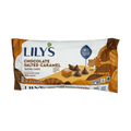 A package of Lily's Chocolate Salted Caramel Baking Chips features a colorful design with the product name, a no sugar added label, and an illustration of chocolate chips and caramel pieces.
