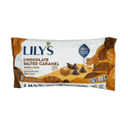 A package of Lily's Chocolate Salted Caramel Baking Chips features a colorful design with the product name, a no sugar added label, and an illustration of chocolate chips and caramel pieces.