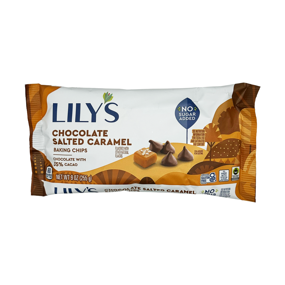 A package of Lily's Chocolate Salted Caramel Baking Chips features a colorful design with the product name, a no sugar added label, and an illustration of chocolate chips and caramel pieces.