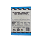 A blue and white box displays the back of a Stroopwafel package, featuring ingredient details, nutrition facts, and the text "THE ORIGINAL STROOPWAFEL. THERE IS NO SUBSTITUTE."