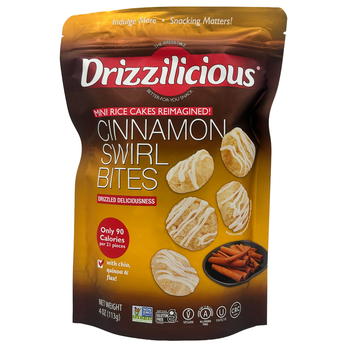 Front package of Drizzilicious Bites - Mini Rice Cakes, Cinnamon Swirl / 4oz