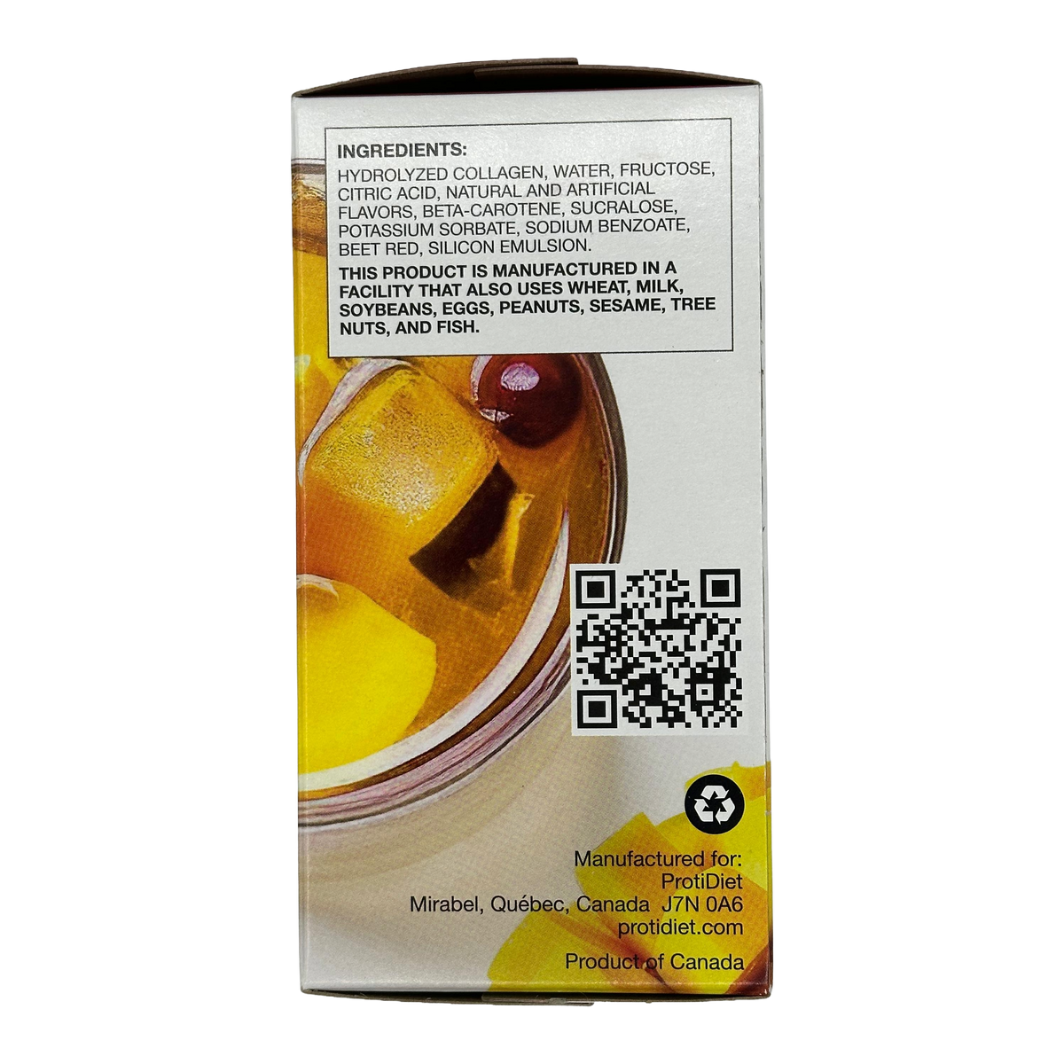 A product box displays a list of ingredients including hydrolyzed collagen and artificial flavors, with a QR code and a note about potential allergens like wheat and peanuts.