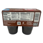 A package of chocolate pudding cups with nutrition facts displayed on the back, showing serving size, calories, and ingredients, labeled as gluten-free and containing four servings.