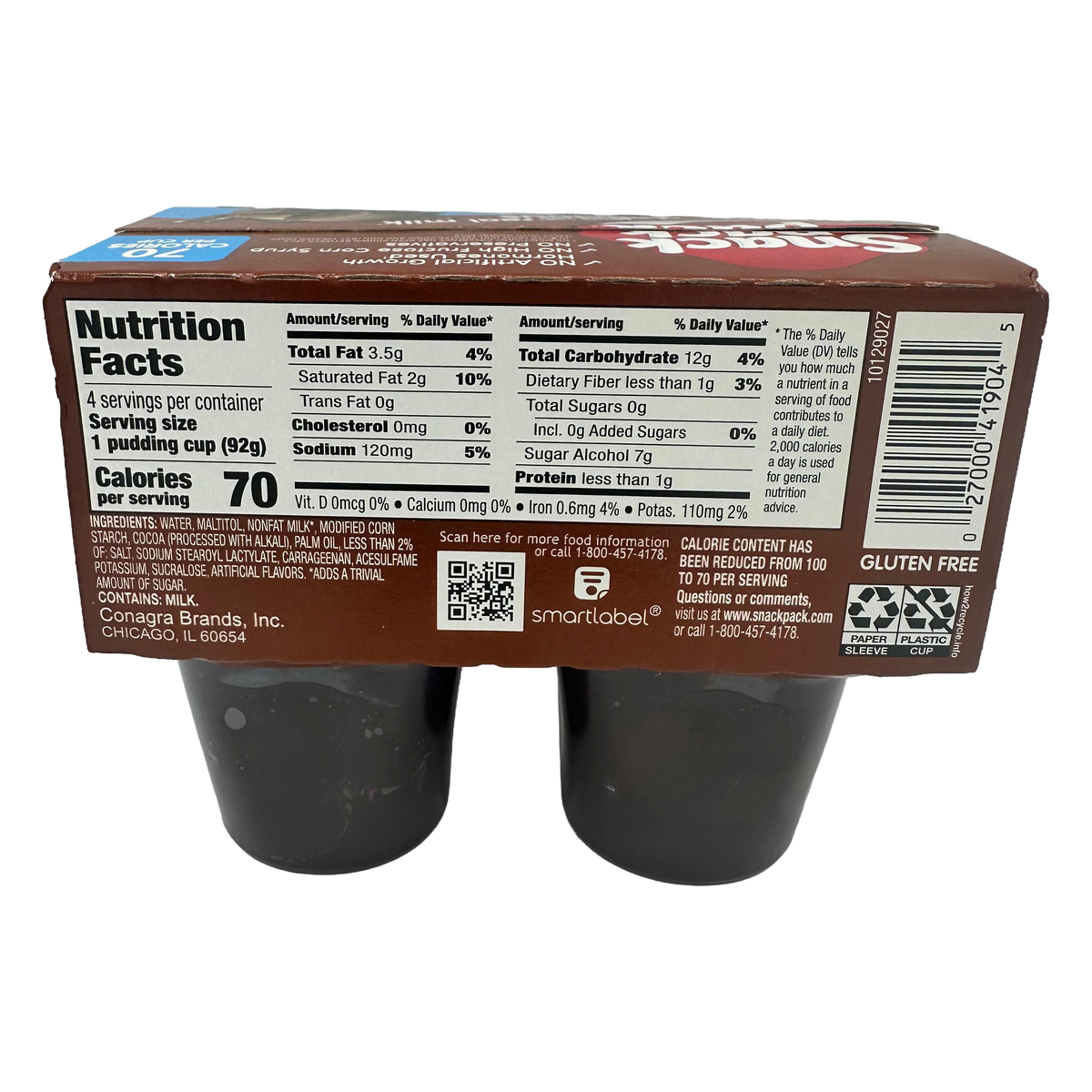 A package of chocolate pudding cups with nutrition facts displayed on the back, showing serving size, calories, and ingredients, labeled as gluten-free and containing four servings.