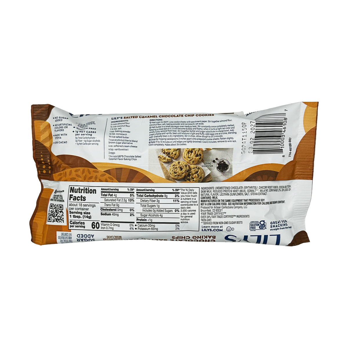 The back of a package of Lily's Salted Caramel Chocolate Chip Cookies displays nutritional information, ingredients, and a photo of the cookies, set against a light brown background.